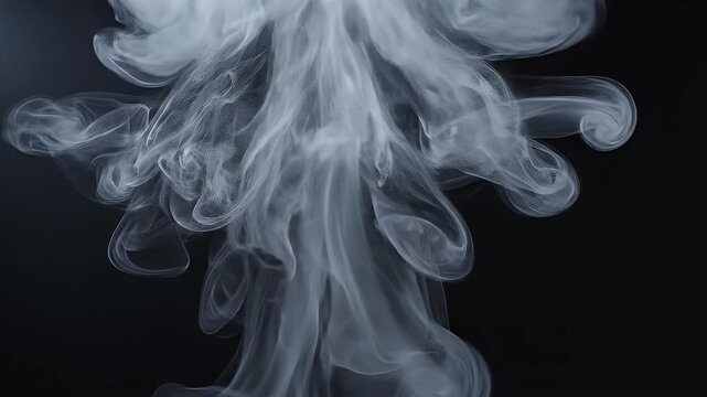 Billowing clouds of white vapor rise and curl against a dark background