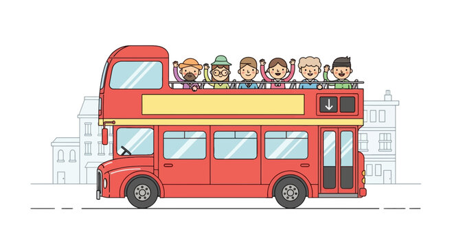 Cartoon illustration of a red double-decker bus with waving passengers
