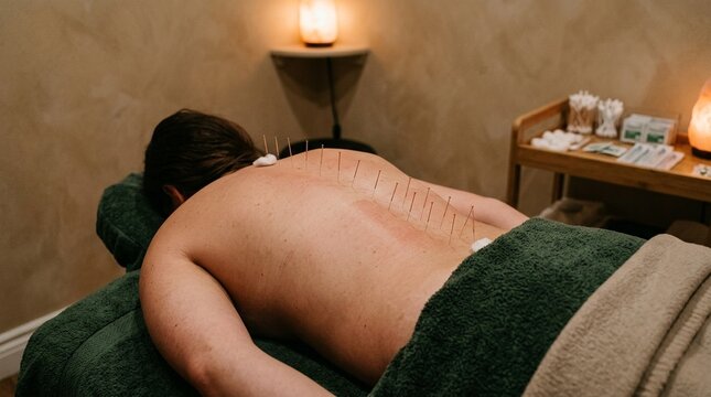 Acupuncture Needles Array on Bare Back Along Meridian Line in Warm Dim Wellness Clinical Light No Face No Logo No Text