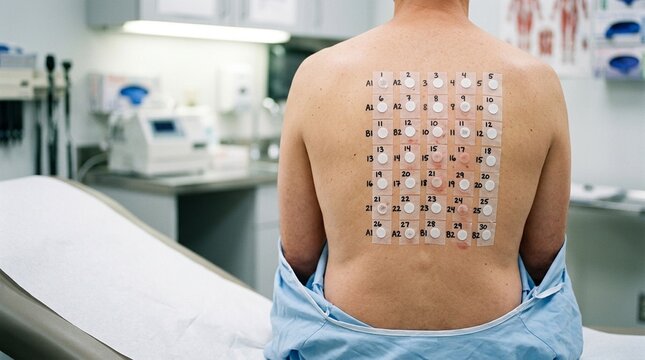 Allergy Patch Test on Bare Back with Labelled Sticker Grid in Clinical Light No Face No Logo No Text