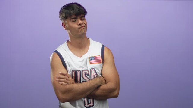 Man crosses arms showing forearms, wearing usa basketball jersey with flag patch in studio; disdain.