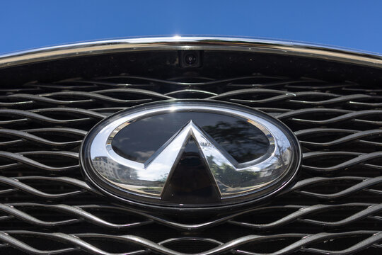 Infiniti car front grille emblem close up detail. 22 Feb 2026. Givatayim, Israel