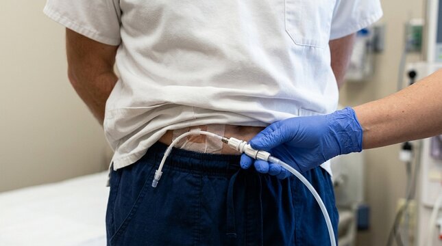 Peritoneal Dialysis Catheter Connection at Waist Level on White Scrub Top No Face No Logo No Text
