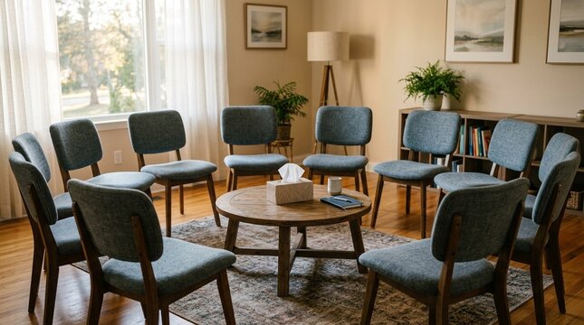 Chairs with Tissue Box in Warm Community Room Light No Face No Logo No Text Mental Health Support Group Empty Circle