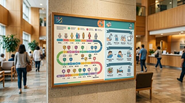 Hospital Public Health Display Board Showing Vaccination Schedule and Hygiene Tips in Warm Lobby Light No Face No Logo No Text
