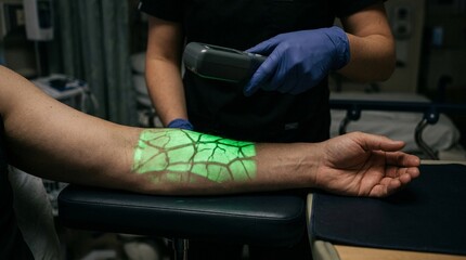 Naklejka premium Infrared Vein Finder Device Projecting Green Light on Bare Arm in Dim Clinical Light No Face No Logo No Text