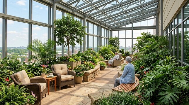 Hospital Roof Solarium Garden with Green Plants and Seating for Patient Recovery in Natural Light No Face No Logo No Text