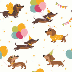 Obraz premium A seamless pattern featuring cute cartoon dachshunds wearing festive hats and holding balloons. Celebration. Children's illustration on a white background.