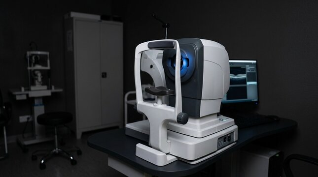 Optical Coherence Tomography OCT Machine Eye Scanner in Dim Ophthalmology Suite No Face No Logo No Text