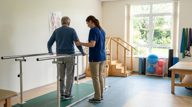 Rehabilitation Therapy Room with Parallel Bars Exercise Equipment and Natural Light Window No Face No Logo No Text