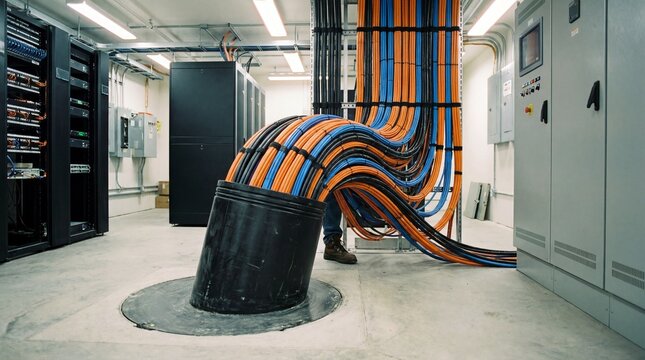 Massive Network Cable Bundle Flowing Out of Floor Conduit in Server Room