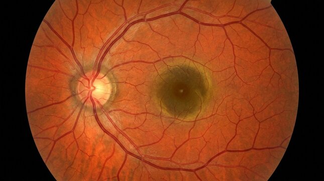 Retinal Scan Eye Image on Black Screen Showing Macula and Blood Vessel Map No Face No Logo No Text