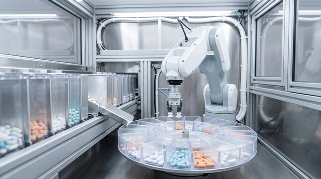 Robotic Arms and Pill Sorter in Clean Light No Face No Logo No Text Pharmacy Medication Dispensing Robot Interior Close-Up