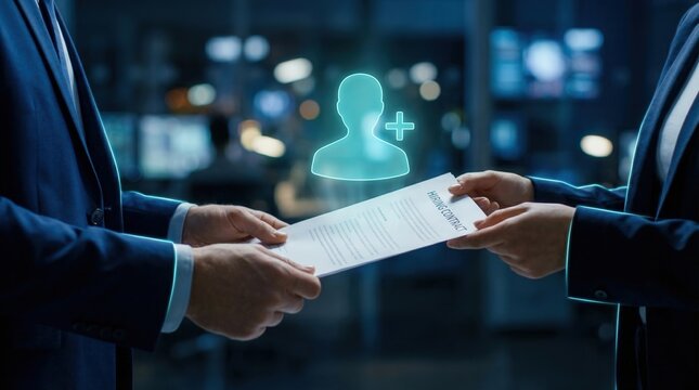 Recruitment and talent acquisition concept, hands exchanging hiring contract. Digital HR technology, corporate employment and human resources management.