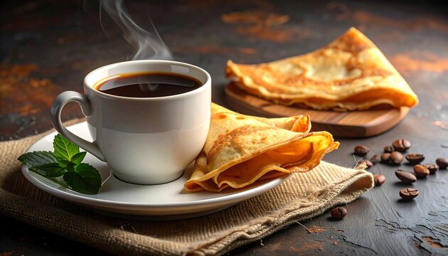 A steaming cup of coffee with crepes on a rustic table setting