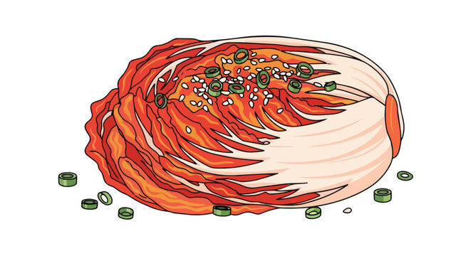 Vibrant illustration of spicy Korean napa cabbage kimchi with green onions and sesame seeds, a healthy fermented culinary delight beautifully