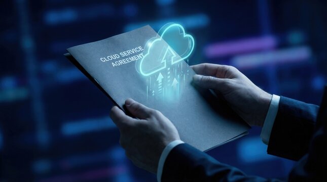 Cloud service agreement concept, 3D render illustration of businessman holding folder with glowing cloud hologram. SaaS contract management and data storage legal terms.