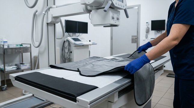Radiology Technician Hands Positioning Lead Apron on Empty Patient Table in X-Ray Suite No Face No Logo No Text