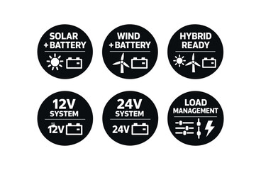 Obraz premium Renewable energy and system icons set. solar + battery, wind + battery, hybrid ready, 12v system, 24v system, load management, sun, wind turbine, battery graphics. flat vector illustration.
