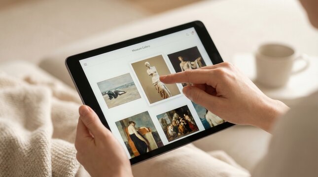 Woman browsing a virtual museum gallery app on a tablet. Digital art education, online learning and cultural exploration at home.