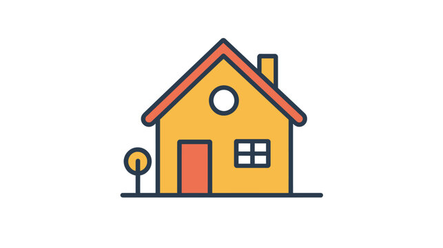 Simple illustration of a yellow house with red roof and small tree isolated on transparent background