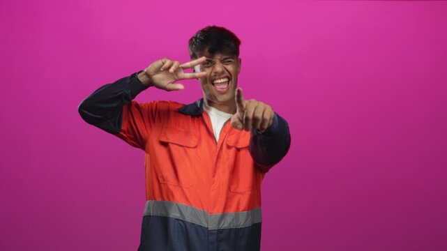 Man in orange safety uniform construction worker pointing finger at camera, smiling with tongue out and flashing peace sign in studio with magenta backdrop; playful confidence.