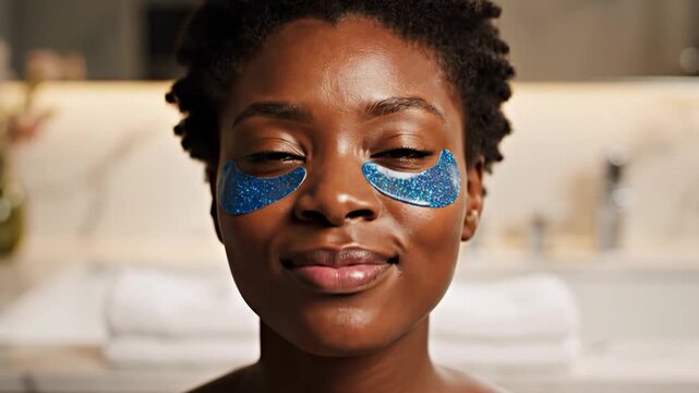 A smiling person applies shimmering under-eye patches for skincare and beauty treatment in a well-lit bathroom setting