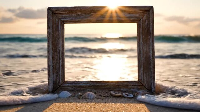A rustic wooden frame sits on a sandy beach, framing a beautiful ocean sunset with gentle waves and seashells scattered around