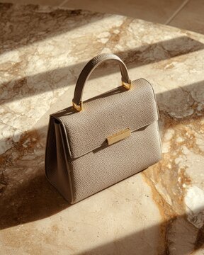 A minimalist structured handbag in Taupe pebbled leather with no logos.