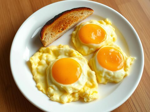 Three perfectly cooked scrambled eggs on a white plate with a side of toast,  scrambled,  plate