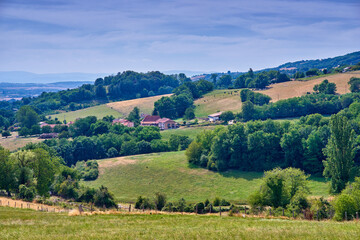 Fototapeta premium Landscape, mountains and valley with sky for buildings, sustainability or agriculture in nature. Outdoor, hill and woods on horizon with clouds, trees and space with eco friendly farmland in France