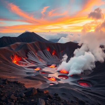 Steaming fumaroles hiss from the barren, rocky slopes of an active volcano island, hinting at immense underground power,  earth science,  natural force