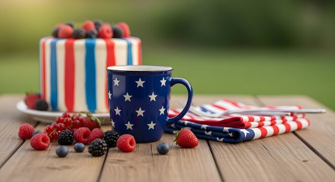 Labor day celebration patriotic american flag cake coffee berries for a relaxing holiday