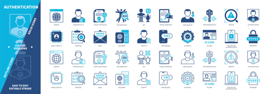 Authentication icon set. Art, Verifying, ID Card, Authentic, Anthropology, Identity, Digital Certificate, Website. Duotone color solid and editable outline icons