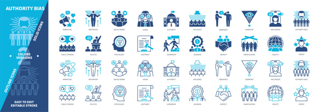 Authority Bias icon set. Viewpoint, Psychology, Manipulation, Obedience, Leadership, Vision, Influencer, Opinion. Duotone color solid and editable outline icons