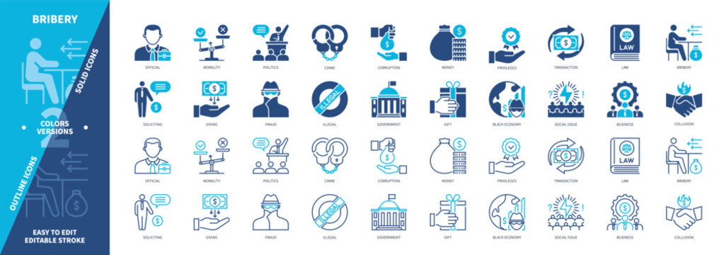 Bribery icon set. Giving, Soliciting, Collusion, Black Economy, Social Issues, Corruption, Morality, Fraud. Duotone color solid and editable outline icons