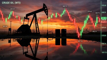 Fototapeta premium Crude Oil Wti Pump Jack with Candlestick Chart Sunset