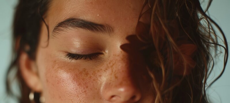 Woman with Freckles Closing Her Eyes, Looking Upwards with a Serene Expression.