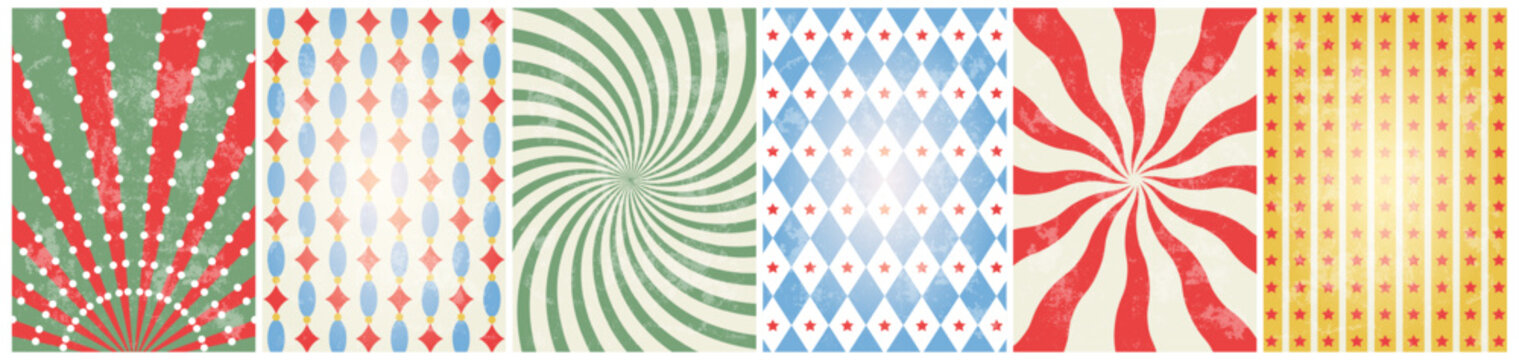 circus retro background set. vintage carnival template for poster with sunburst, swirl, stars and rhomb
