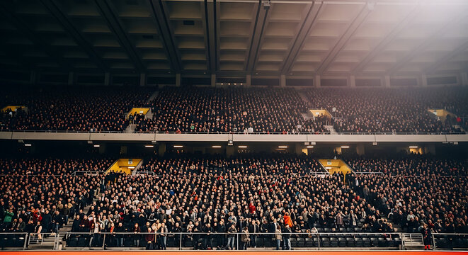 Spectators fill stadium seating at a sports event, under bright stadium lights.