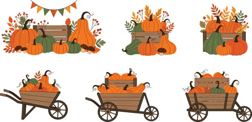 Obraz premium Autumn Pumpkin Harvest Collection with Wooden Carts, Crates and Fall Decorations, Seasonal Farm Vector Illustration Set