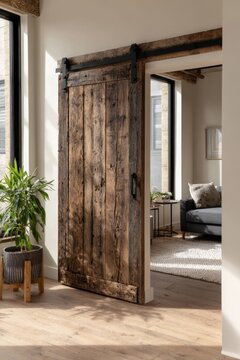 Old barn wood door as a space-saving sliding element in a stylish modern home