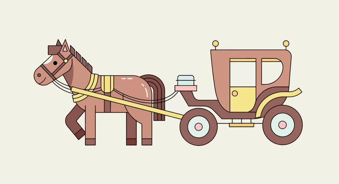 A geometric illustration of a brown horse pulling a carriage with light-colored detailing