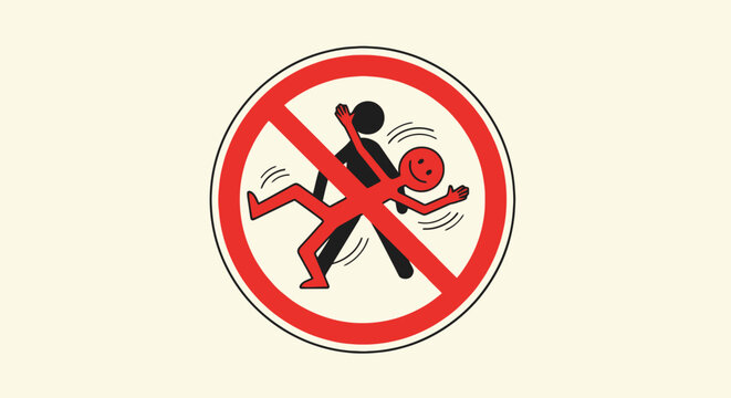 A red circle with a slash through two stick figures, one falling. Background is cream-colored