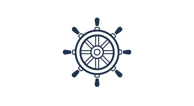 A navy blue ship's wheel graphic centered on a white background, minimal design