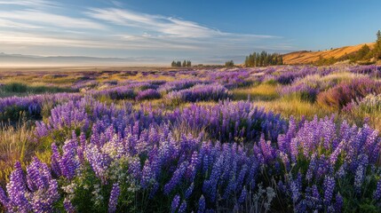 Obraz premium Purple lupines blanket a sunlit meadow in warm golden glow