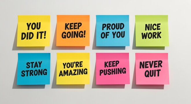 Eight colorful sticky notes with motivational messages written on a white wall suggesting encouragement and success