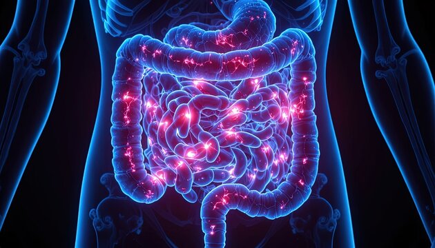 Human Intestine Anatomy with Red Neural Activity - Digital Medical Illustration of Gut Health and Digestion Process