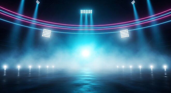 neon lit stage with fog and spotlights for concert or show
