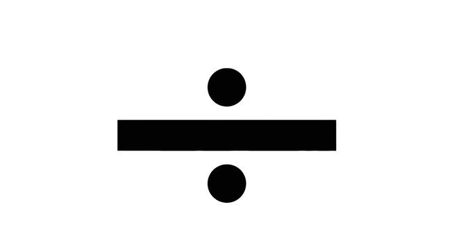 A division symbol, featuring a horizontal line with a dot above and below on a white background